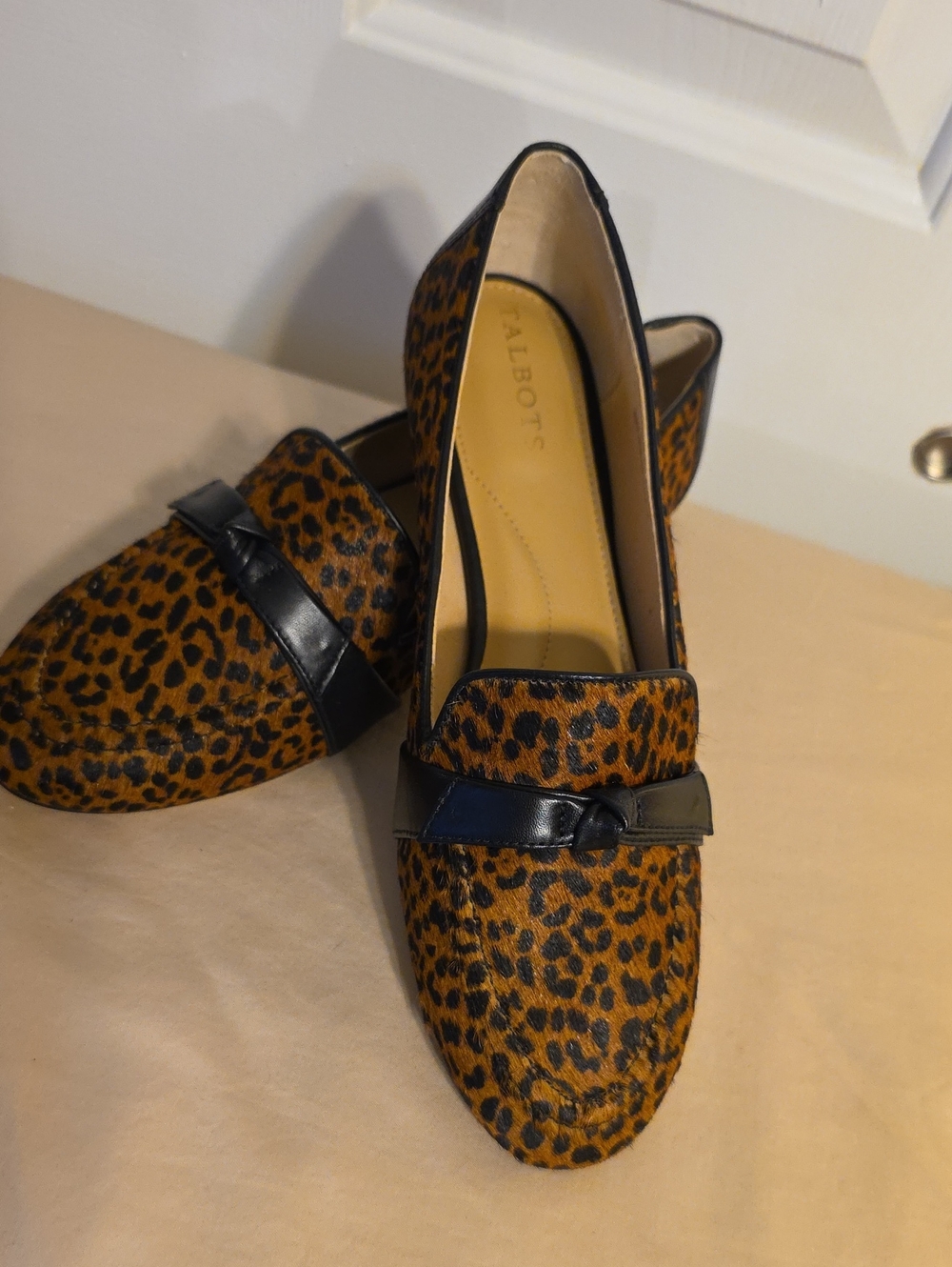 Talbots Leopard Print Calf Hair Loafers Black Leather Knot Detail